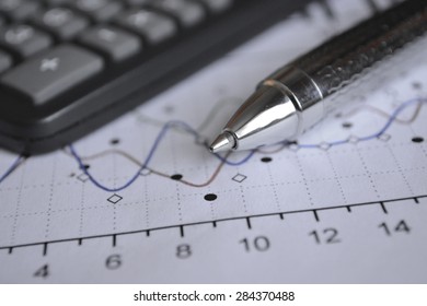 Business background with graph, pen and calculator.