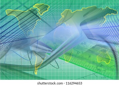 Business background with graph, ruler, map and calculator.