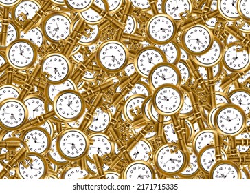 Business Background. Large Pile Of Skeleton Key Shaped Antique Bronze Watches.