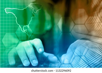 Business background with map, keyboard and buildings.