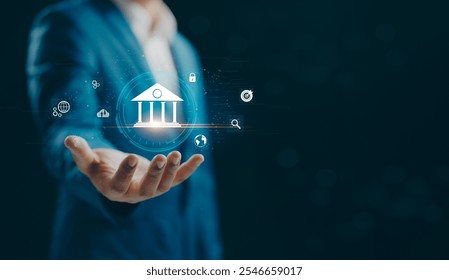 Business banking financial stock market concept. Businessman hand showing analyze financial data stock market. Business finance stock bar chart Hologram. Business success and growth.