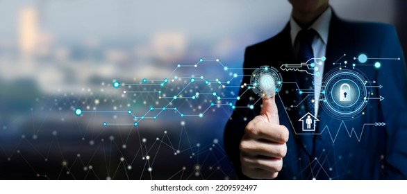 Business Big Data Touching Access Information With Electronic Fingerprint Touch. Technology Complex Personal Data.  Modern Technology Of World Next Generation. Big Data Future Tech Next Generation.