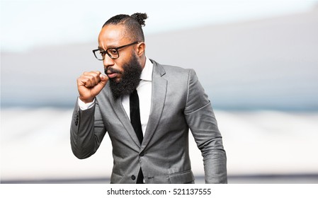 Business Black Man Coughing Gesture