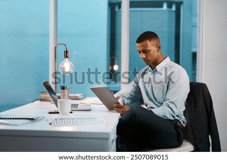 Similar – Image, Stock Photo Business black man in suit leaving the office holding his work briefcase and using smartphone