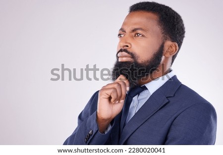 Business, black man and thinking in white background of ideas, question and remember on mockup studio. Corporate male model think of solution, decision and memory of why, choice and visionary mindset