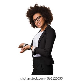 Business Black Woman Doing Welcome Gesture
