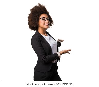 Business Black Woman Doing Welcome Gesture