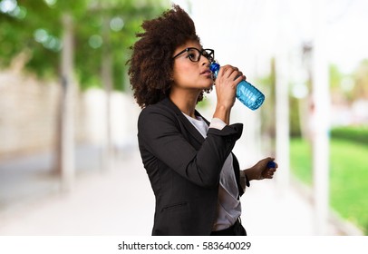 Business Black Woman Drinking Water