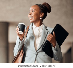 Business, black woman and happy with coffee to travel for first day at work with pride and joy for career as accountant. Female employee, smile and positive with tablet for job opportunity and growth