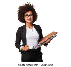 Business Black Woman Holding A Cup Of Coffee And Files