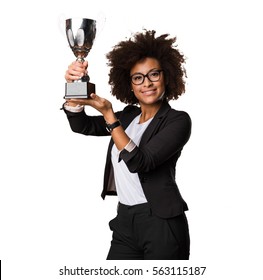 Business Black Woman Holding A Trophy