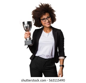 Business Black Woman Holding A Trophy