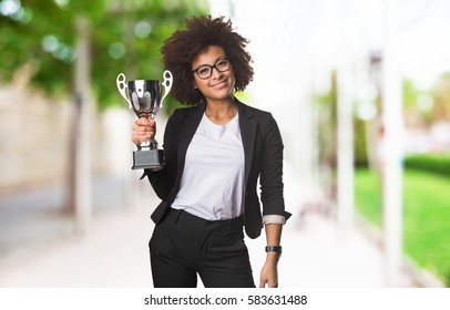 Business Black Woman Holding A Trophy