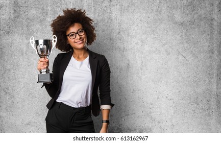 Business Black Woman Holding A Trophy