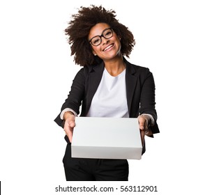 Business Black Woman Holding A White Box