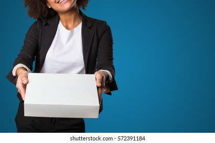 Business Black Woman Holding A White Box