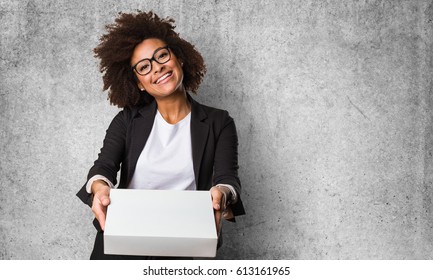 Business Black Woman Holding A White Box