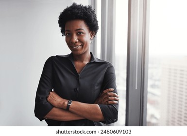 Business, black woman and portrait with confident in office, arms crossed and pride for corporate company. Professional, career and female employee as hr manager for admin tasks, job and management