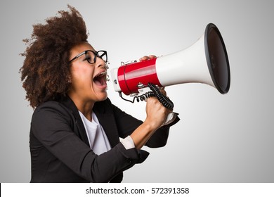 Business Black Woman Shouting On The Megaphone