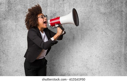 Business Black Woman Shouting On The Megaphone