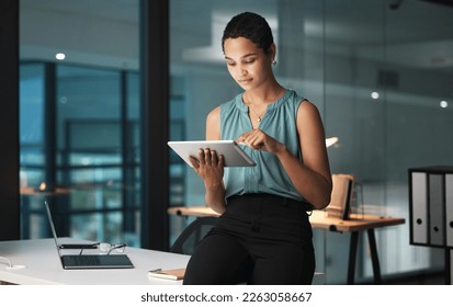 Business, black woman and tablet in office, focus and digital planning for growth, startup and sales. Corporate, African American female employee and manager with device, idea and website launch - Shutterstock ID 2263058667