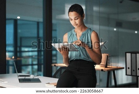 Business, black woman and tablet in office, focus and digital planning for growth, startup and sales. Corporate, African American female employee and manager with device, idea and website launch