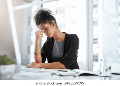 Business, black woman and tired with headache in office from migraine, overworked and stress for work deadline. Professional, employee and mental health with anxiety, burnout and fatigue from project - Powered by Shutterstock