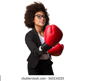 Business Black Woman Using Boxing Gloves