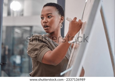 Business, board and black woman with presentation, planning and explain process at a workshop. Female person, presenter and speaker writing, brainstorming and motivation with profit growth and mentor