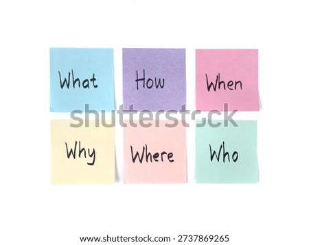 Business brainstorming and problem solving concept with interrogative words on adhesive notes. Perfect concept for brainstorming, journalism, root cause analysis, and strategic planning