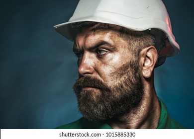 Business, building, industry, technology - builder concept. Business, building concept - builder in hard hat. Close up engineers working. Side view portrait. Copy space for yours advertise. - Powered by Shutterstock