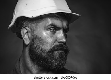 Business, Building, Industry, Technology - Builder Concept. Industrial Worker. Portrait Of Mechanical Worker. Man Builder. Builder Working With Construction Helmet. Black And White.