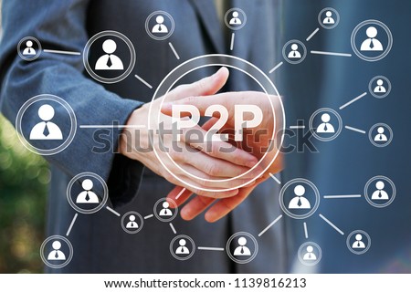 Business button p2p Peer-to-peer on background business partnership handshake concept. Two coworkers handshaking process of interaction.