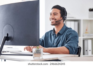 Business, call center and man with telemarketing, tech support and help desk in modern office. Person, agent and insurance consultant with headphones, crm and customer service for fraud department - Powered by Shutterstock