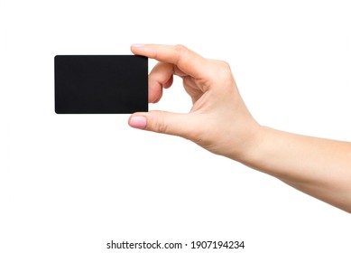 Business Card In Female Hand, Closeup Isolated On White Background. Close Up Of Womans Hand Holding Blank Black Card.