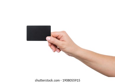 Business Card In Female Hand, Closeup Isolated On White Background. Close Up Of Womans Hand Holding Blank Black Card.