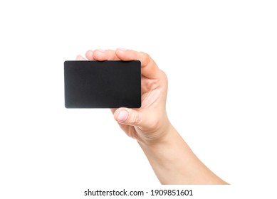 Business Card In Female Hand, Closeup Isolated On White Background. Close Up Of Womans Hand Holding Blank Black Card.