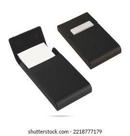 Business Card Holder. Metal Or Plastic Body, Photographed Open And Closed. Top View Of Horizontal Business Card With Stainless Steel Or Black Colored Plastic Card Case Isolated On White Background. 