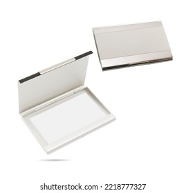 Business Card Holder. Metal Or Plastic Body, Photographed Open And Closed. Top View Of Horizontal Business Card With Stainless Steel Or Silver Colored Plastic Card Case Isolated On White Background. 