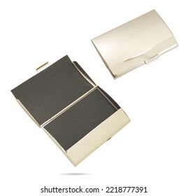 Business Card Holder. Metal Or Plastic Body, Photographed Open And Closed. Top View Of Horizontal Business Card With Stainless Steel Or Plastic Card Case Isolated On White Background. 