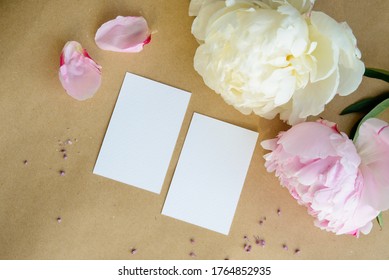 Business Card Mockup , Business Card Mockup With Flowers, Pink And White Peonies,jpg