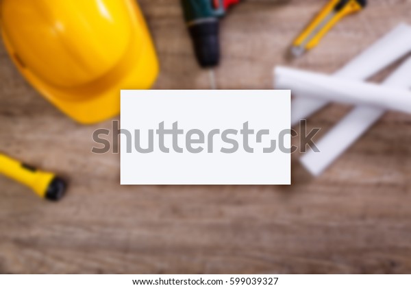 Download Business Card Mockup Yellow Helmet Drill Stock Photo Edit Now 599039327