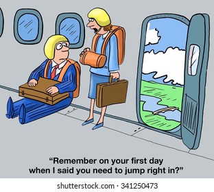 Business Cartoon Of Businesspeople Wearing Parachutes On An Airplane Remember Your First Day Business Cartoon Of Businesspeople Wearing Parachutes On An Airplane Remember Your First Day