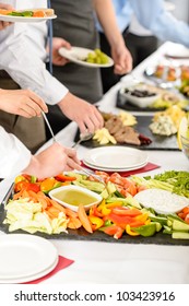 Business Catering People Take Buffet Food During Company Event