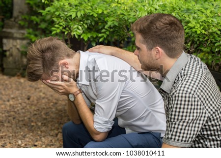 Similar – Image, Stock Photo Frustration in garden office | man sits at table in front of laptop and holds hands in front of face