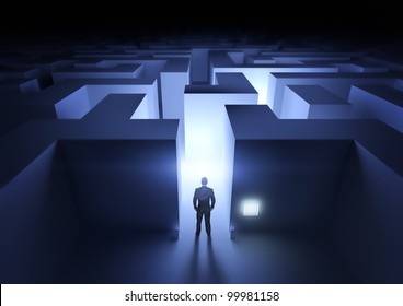 Business Challenge - A Businessman At The Entrance To A Maze.