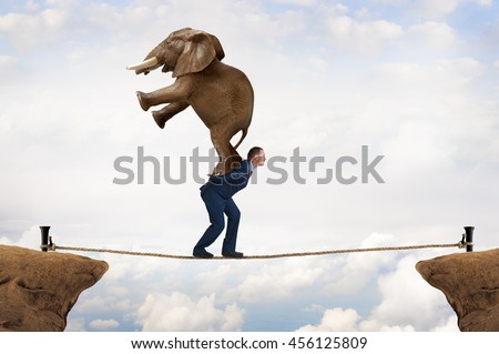 business challenge concept businessman carrying an elephant across a tightrope chasm