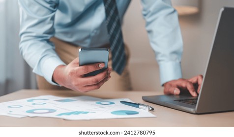 business, chart, pie, graph, investment, finance, diagram, pie chart, financial, growth. businessman hold report and smartphone to reviewing financial reports for calculate and checking mistake.