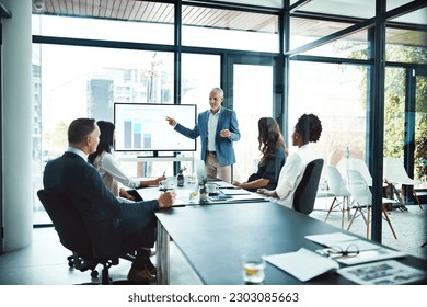 Business, charts and man with presentation, office and conversation for project, profit growth and meeting. Male leader, staff or group with teamwork, graphs or partnership in a boardroom or planning - Powered by Shutterstock