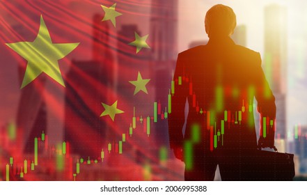 Business in China. China's economy. Business relations with PRC. Collage with a businessman and the flag of the People Republic of China. Chinese market. Economic growth. Economic indicators.